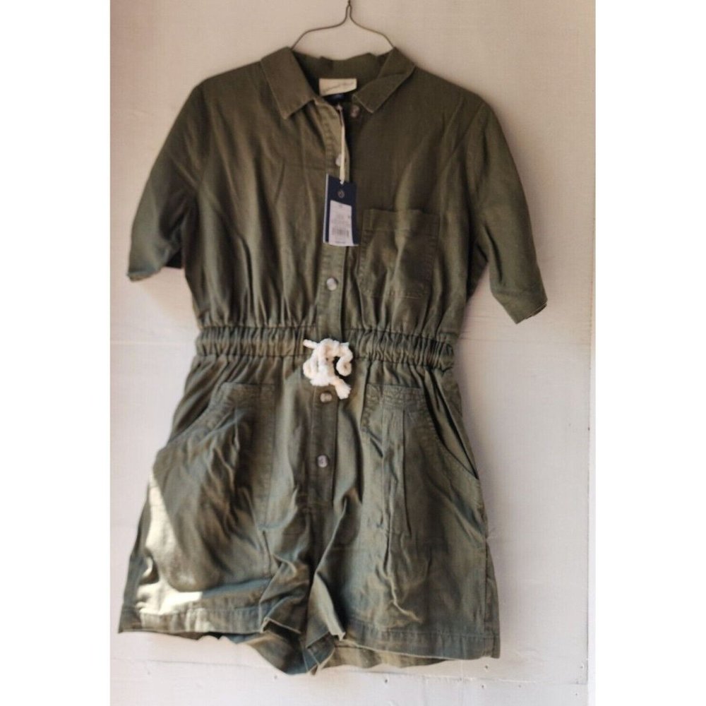 New Womens Universal Thread Button Up Dark Green Short Sleeve Romper Size 1XL